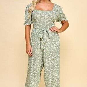 NWT AS U WISH Plus Size Jumpsuit Sage with Cream Flowers Belted 1X-3X